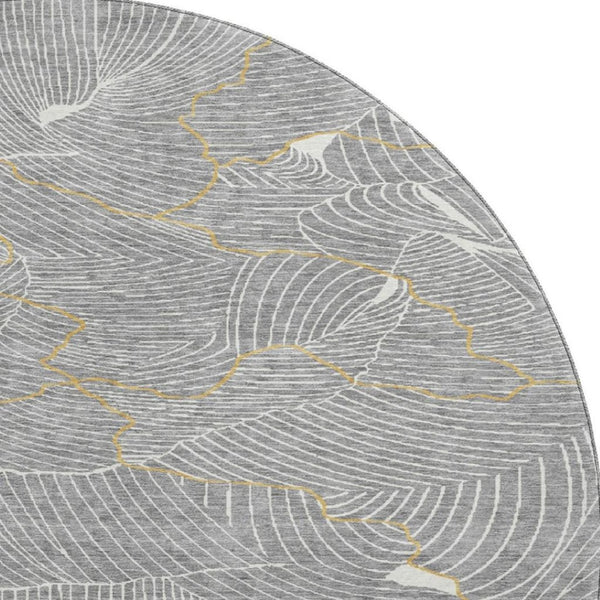 HomeRoots 8' Gray Ivory and Gold Abstract Washable Round Rug – Durable, Stylish, and Pet-Friendly Design! 682214