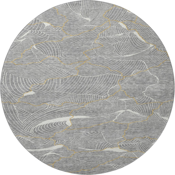 HomeRoots 8' Gray Ivory and Gold Abstract Washable Round Rug – Durable, Stylish, and Pet-Friendly Design! 682214