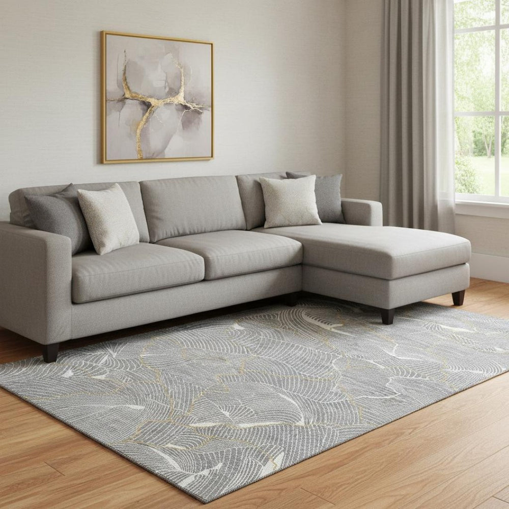 HomeRoots 8' X 10' Gray Ivory & Gold Abstract Washable Area Rug - UV Protected, Stain-Resistant, Durable Design! 682215