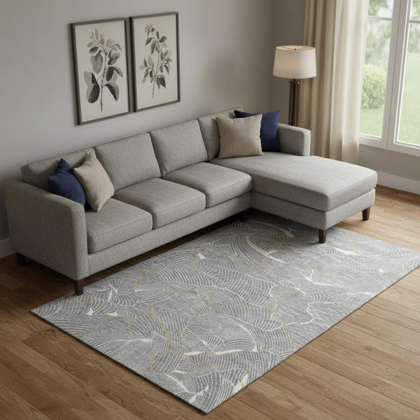 HomeRoots 9' X 12' Gray Ivory Gold Abstract Area Rug – Washable, Stain-Resistant, UV Protected for Homes 682216