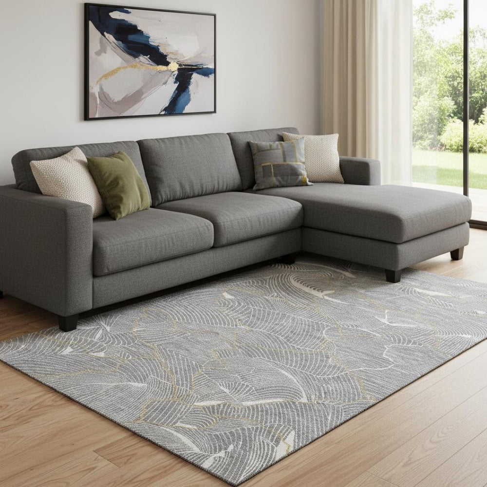 HomeRoots 10' X 14' Modern Gray Ivory Gold Abstract Area Rug – Washable, UV Protected, Perfect for High-Traffic Spaces 682217