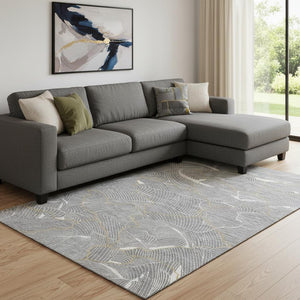 HomeRoots 10' X 14' Modern Gray Ivory Gold Abstract Area Rug – Washable, UV Protected, Perfect for High-Traffic Spaces 682217