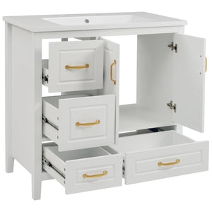 English Elm Christopher Knight Home® - 36" Freestanding Bathroom Vanity with Resin Sink, Soft-Close Doors & Drawers, Gold Alloy Handles, Spacious Storage and Easy Plumbing Access White N759P292552K