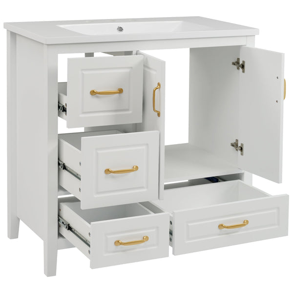 English Elm Christopher Knight Home® - 36" Freestanding Bathroom Vanity with Resin Sink, Soft-Close Doors & Drawers, Gold Alloy Handles, Spacious Storage and Easy Plumbing Access White N759P292552K