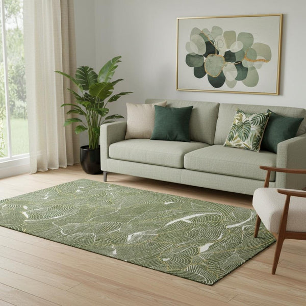 HomeRoots 5' X 8' Olive Green Abstract Area Rug - Washable, UV Protected, Modern Design for Home & Patio 682225