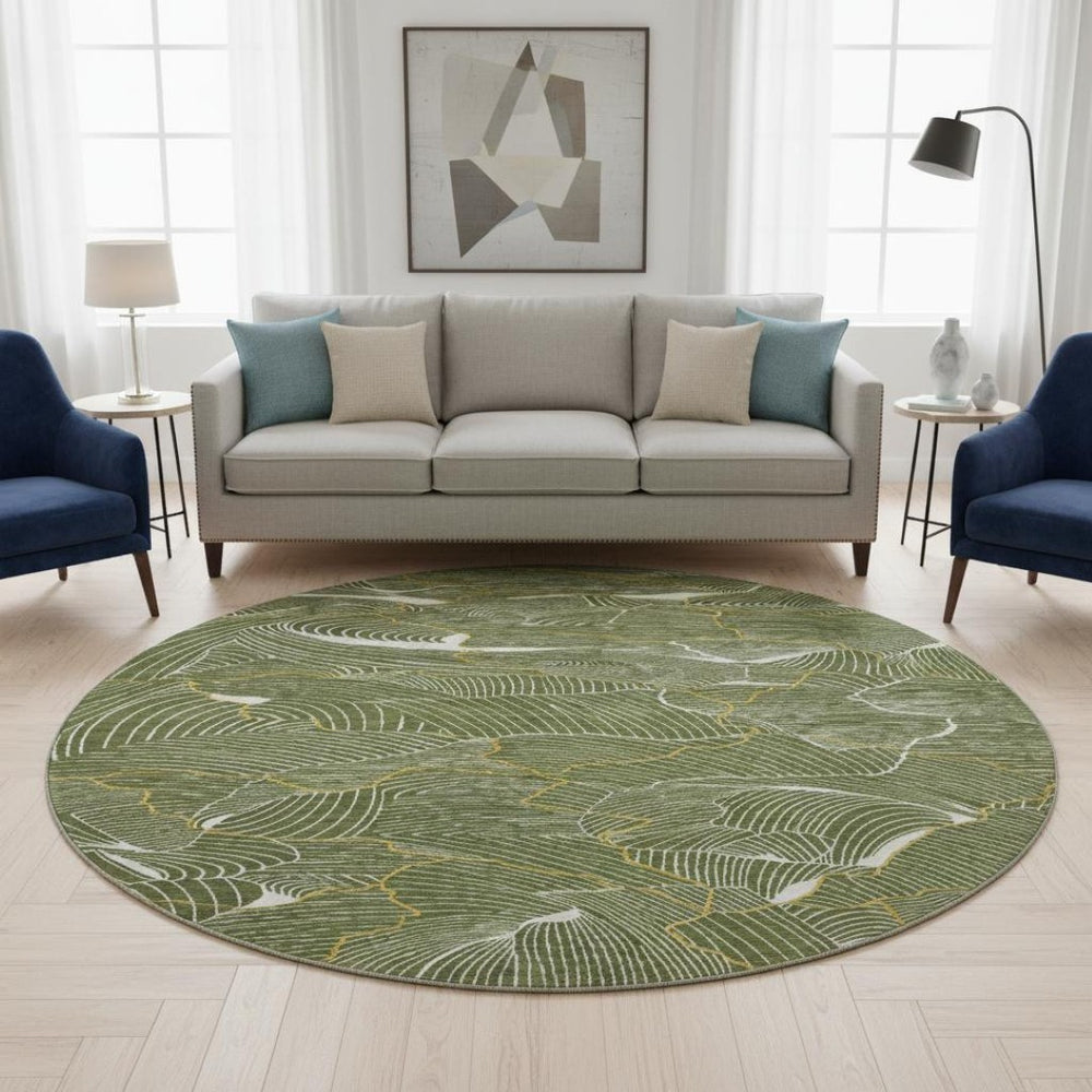 HomeRoots 8' Olive Green, Ivory & Gold Abstract Washable Area Rug – UV Protected, Durable & Stylish Design 682226