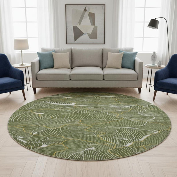 HomeRoots 8' Olive Green, Ivory & Gold Abstract Washable Area Rug – UV Protected, Durable & Stylish Design 682226