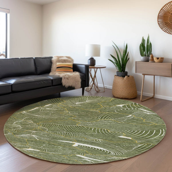HomeRoots 8' Olive Green, Ivory & Gold Abstract Washable Area Rug – UV Protected, Durable & Stylish Design 682226