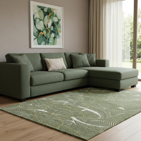 HomeRoots 8' X 10' Modern Olive Green, Ivory & Gold Abstract Washable Area Rug with UV Protection & Durability 682227
