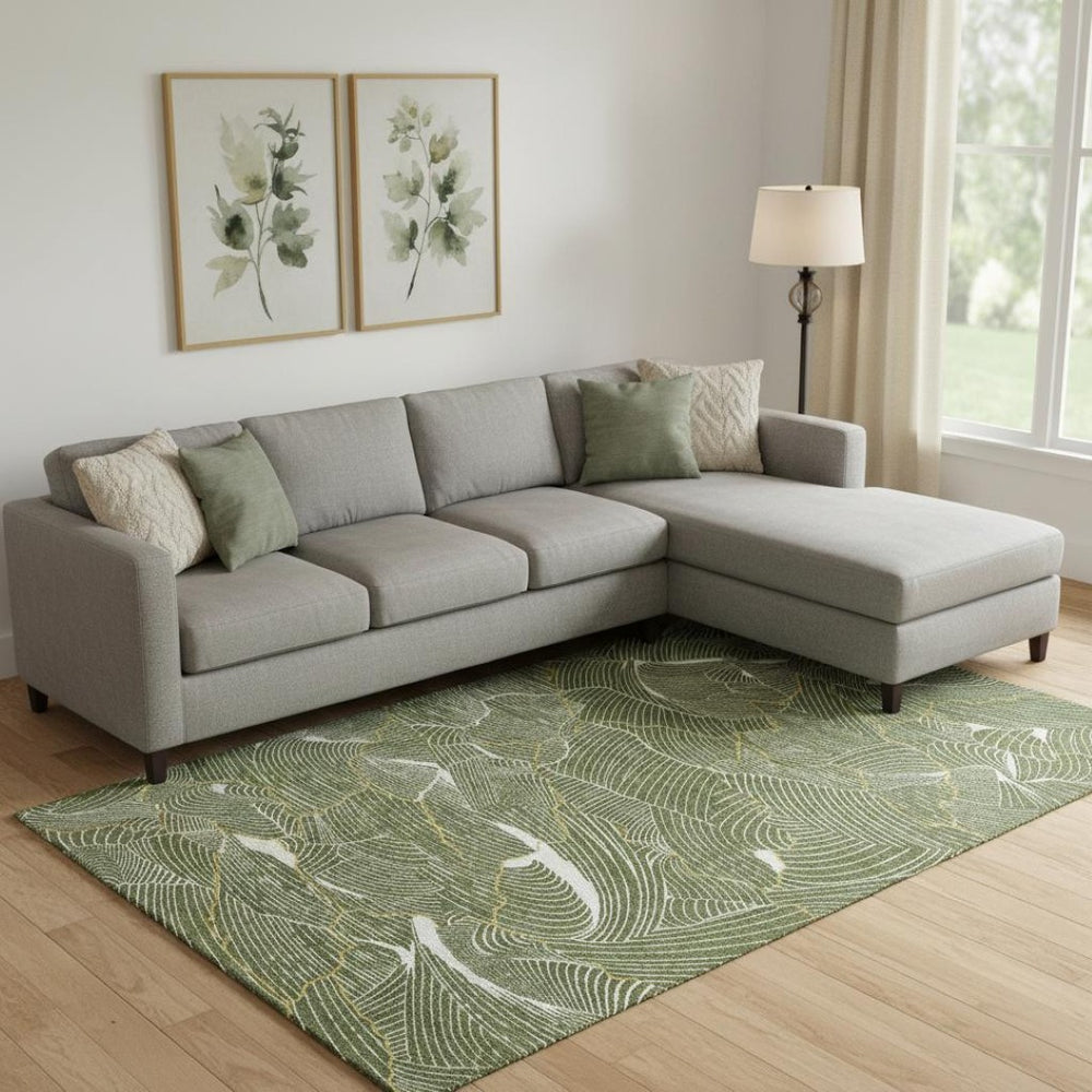HomeRoots 9' X 12' Olive Green Ivory Gold Abstract Area Rug - Washable, UV Protected, Durable & Stylish Design 682228