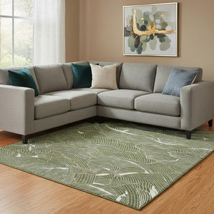 HomeRoots 10' X 14' Washable Olive Green, Ivory & Gold Abstract Area Rug with UV Protection for Modern Homes 682229