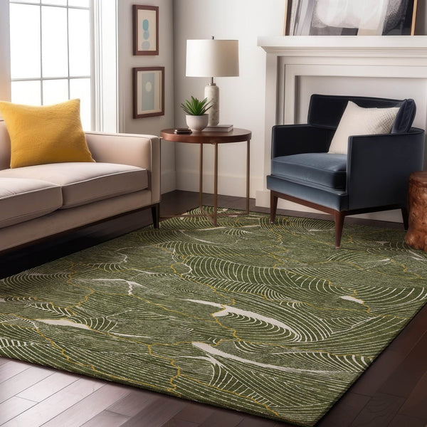 HomeRoots 10' X 14' Washable Olive Green, Ivory & Gold Abstract Area Rug with UV Protection for Modern Homes 682229