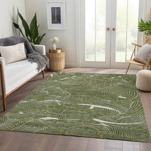 HomeRoots 10' X 14' Washable Olive Green, Ivory & Gold Abstract Area Rug with UV Protection for Modern Homes 682229