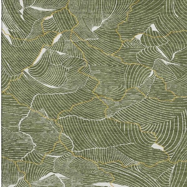HomeRoots 10' X 14' Washable Olive Green, Ivory & Gold Abstract Area Rug with UV Protection for Modern Homes 682229