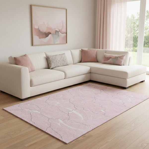 HomeRoots 8' X 10' Pink Gray Ivory Abstract Washable Area Rug - Durable, UV-Protected for Modern Spaces! 682233