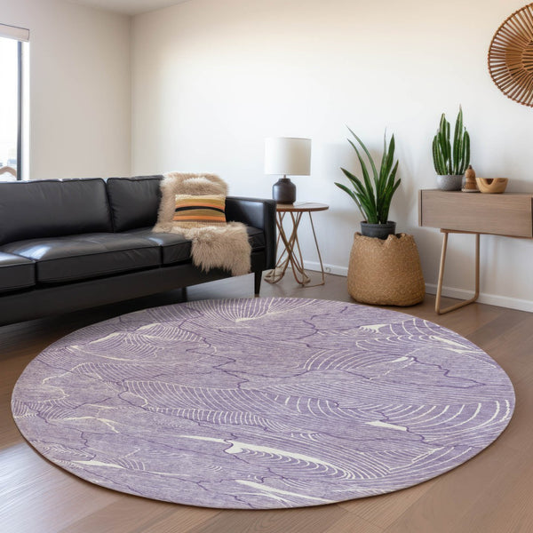 HomeRoots 8' Purple And Ivory Abstract Round Rug - Washable, UV Protected, Stain Resistant for High-Traffic Areas 682244