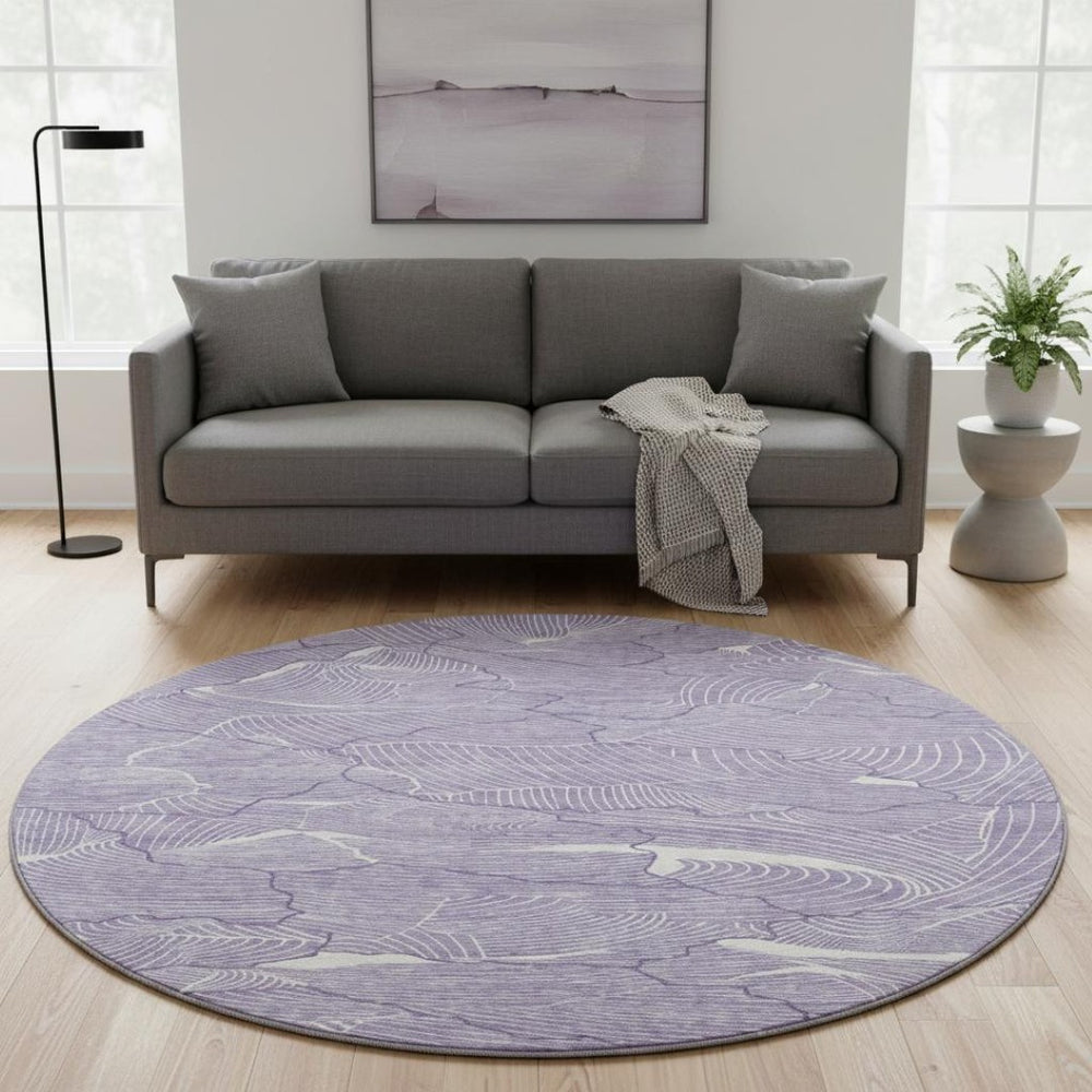 HomeRoots 8' Purple And Ivory Abstract Round Rug - Washable, UV Protected, Stain Resistant for High-Traffic Areas 682244