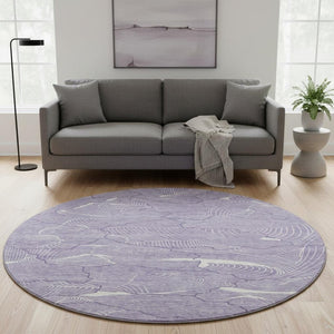 HomeRoots 8' Purple And Ivory Abstract Round Rug - Washable, UV Protected, Stain Resistant for High-Traffic Areas 682244