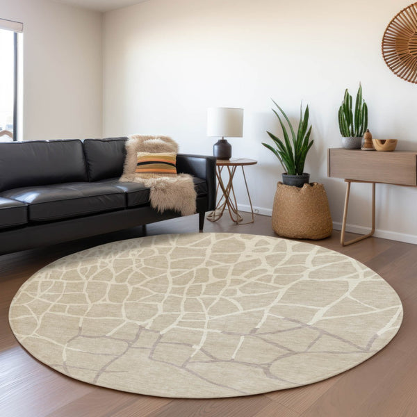 HomeRoots 8' Beige Ivory and Taupe Abstract Geometric Round Rug - Washable, UV Protected, Pet-Friendly Design 682250