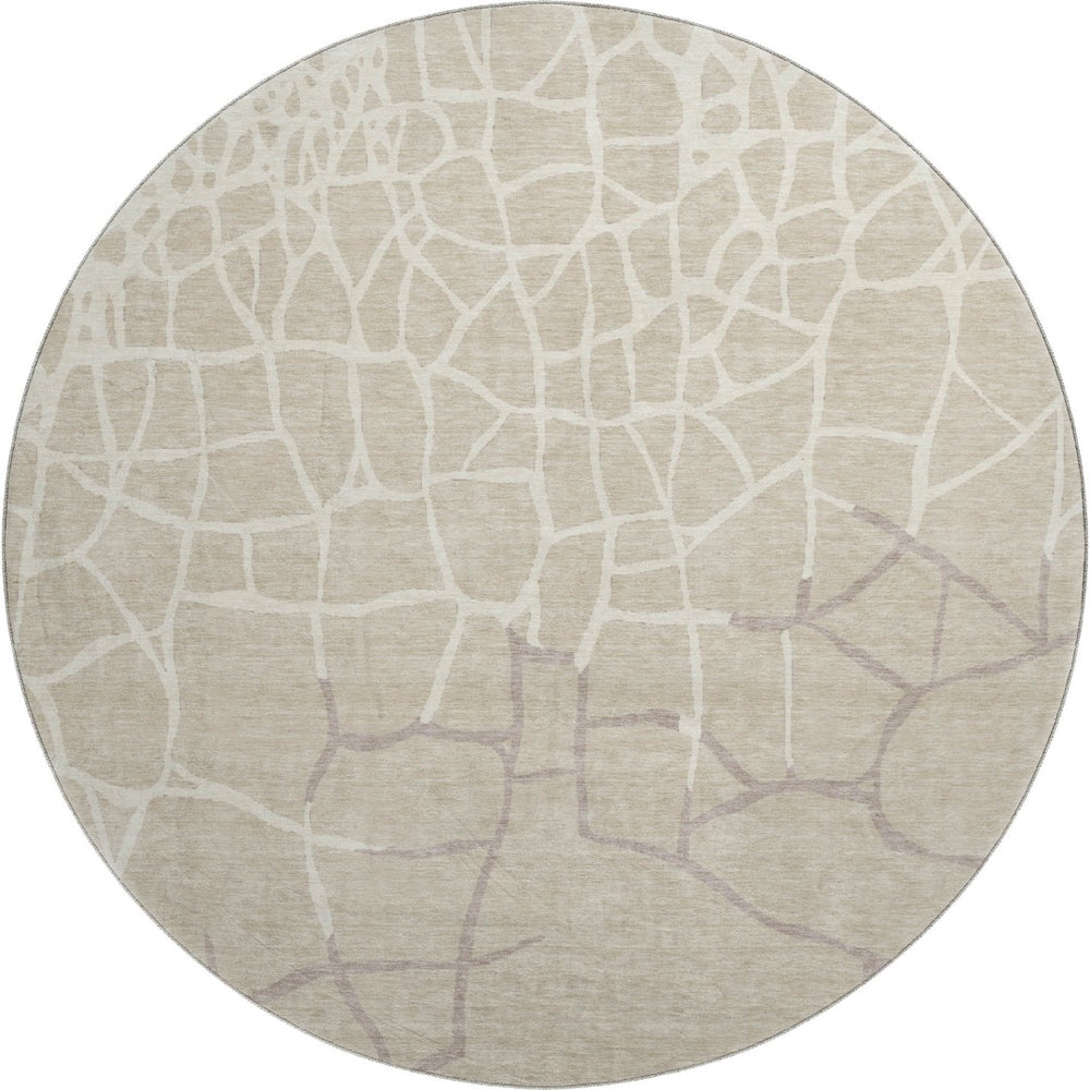 HomeRoots 8' Beige Ivory and Taupe Abstract Geometric Round Rug - Washable, UV Protected, Pet-Friendly Design 682250