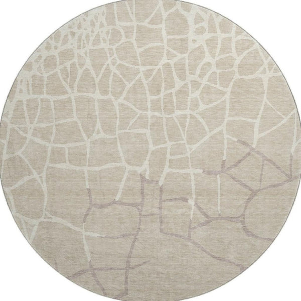 HomeRoots 8' Beige Ivory and Taupe Abstract Geometric Round Rug - Washable, UV Protected, Pet-Friendly Design 682250