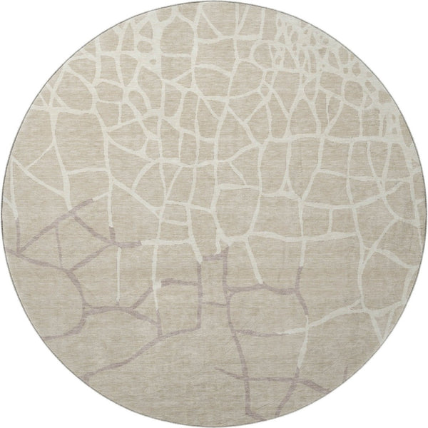 HomeRoots 8' Beige Ivory and Taupe Abstract Geometric Round Rug - Washable, UV Protected, Pet-Friendly Design 682250