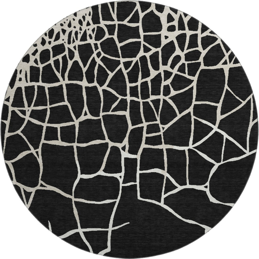 HomeRoots 8' Black And Ivory Abstract Geometric Round Rug - Washable, UV Protected, Non-Slip for Active Homes 682256