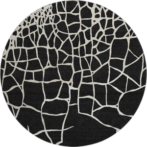 HomeRoots 8' Black And Ivory Abstract Geometric Round Rug - Washable, UV Protected, Non-Slip for Active Homes 682256