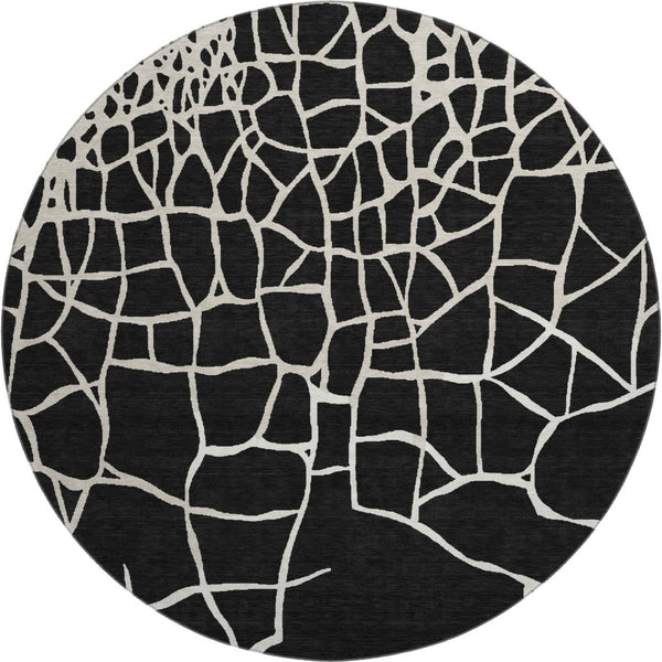 HomeRoots 8' Black And Ivory Abstract Geometric Round Rug - Washable, UV Protected, Non-Slip for Active Homes 682256