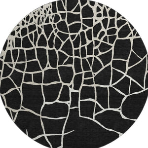 HomeRoots 8' Black And Ivory Abstract Geometric Round Rug - Washable, UV Protected, Non-Slip for Active Homes 682256