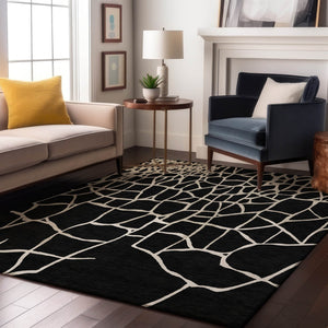 HomeRoots 10' X 14' Black and Ivory Abstract Geometric Area Rug - Washable, UV Protected, Durable & Stylish! 682259