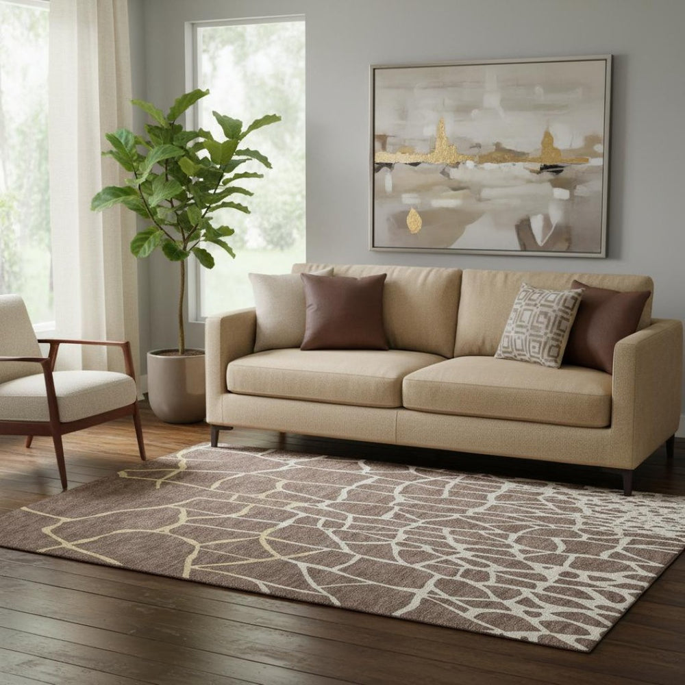 HomeRoots 5' X 8' Abstract Geometric Area Rug in Brown, Beige, and Gold – Washable, UV-Protected, Pet-Friendly! 682261