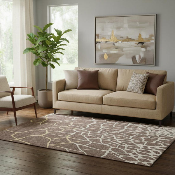HomeRoots 5' X 8' Abstract Geometric Area Rug in Brown, Beige, and Gold – Washable, UV-Protected, Pet-Friendly! 682261