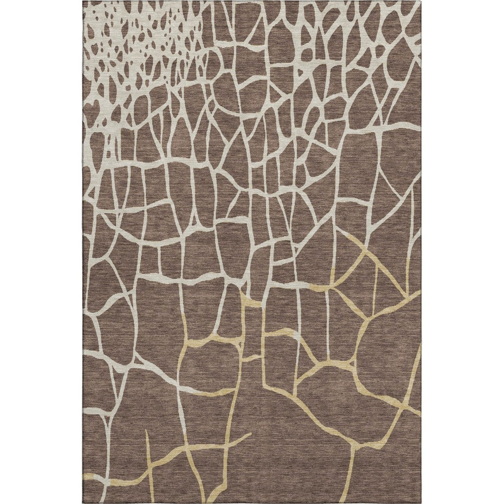 HomeRoots 5' X 8' Abstract Geometric Area Rug in Brown, Beige, and Gold – Washable, UV-Protected, Pet-Friendly! 682261
