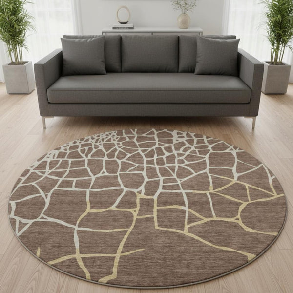 HomeRoots 8' Brown Beige and Gold Abstract Geometric Round Rug - Washable, UV Protected, Pet-Friendly Style! 682262