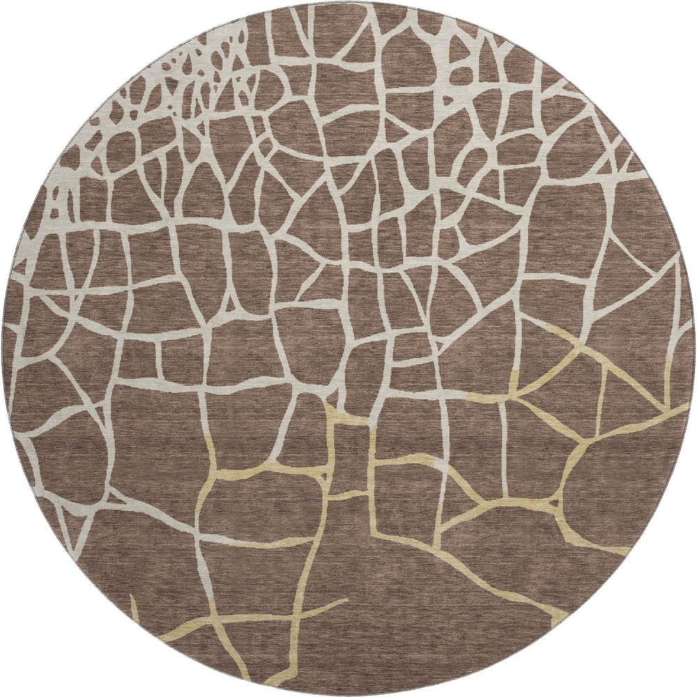 HomeRoots 8' Brown Beige and Gold Abstract Geometric Round Rug - Washable, UV Protected, Pet-Friendly Style! 682262