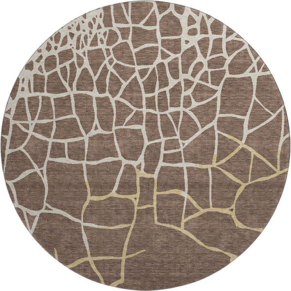 HomeRoots 8' Brown Beige and Gold Abstract Geometric Round Rug - Washable, UV Protected, Pet-Friendly Style! 682262