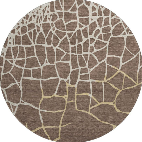 HomeRoots 8' Brown Beige and Gold Abstract Geometric Round Rug - Washable, UV Protected, Pet-Friendly Style! 682262