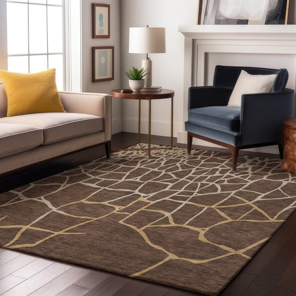 HomeRoots 9' X 12' Washable Area Rug in Brown, Beige & Gold - Durable Geometric Design with UV & Stain Protection 682264