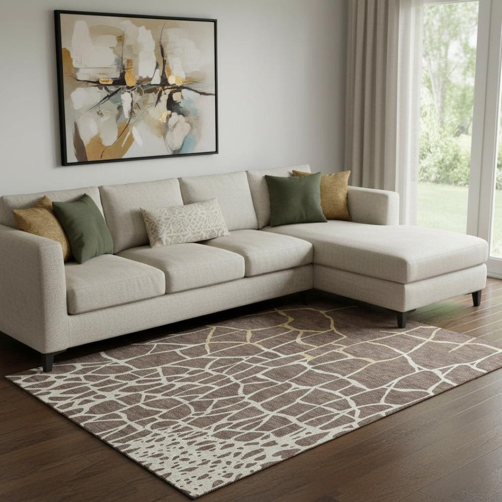 HomeRoots 10' Modern Abstract Geometric Washable Area Rug in Brown, Beige & Gold with UV Protection – Durable Elegance for Busy Homes 682265