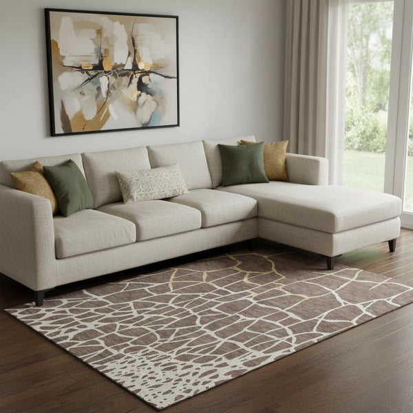 HomeRoots 10' Modern Abstract Geometric Washable Area Rug in Brown, Beige & Gold with UV Protection – Durable Elegance for Busy Homes 682265