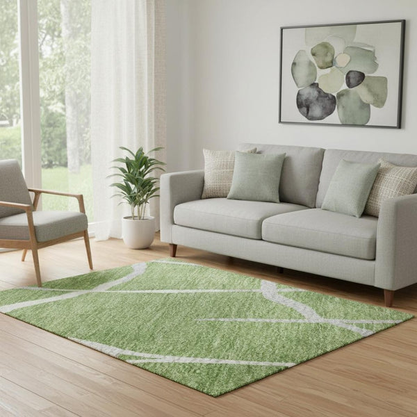 HomeRoots 5' X 8' Washable Green Ivory Gray Geometric Area Rug – UV Protected, Soft, Durable, Easy-Clean Design 682267