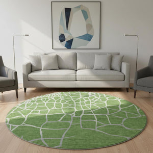 HomeRoots 8' Stylish Washable Round Rug in Green, Ivory & Gray - Durable Geometric Design with UV Protection 682268