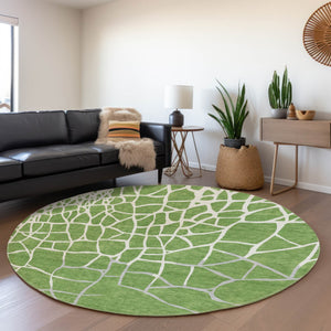 HomeRoots 8' Stylish Washable Round Rug in Green, Ivory & Gray - Durable Geometric Design with UV Protection 682268