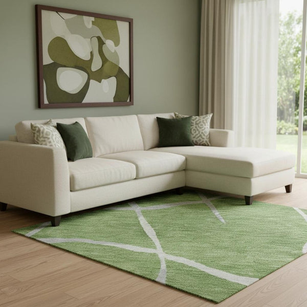 HomeRoots 8' X 10' Modern Green Ivory Gray Abstract Geometric Washable Area Rug - Stain Resistant & UV Safe! 682269