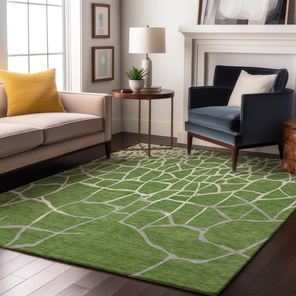 HomeRoots 8' X 10' Modern Green Ivory Gray Abstract Geometric Washable Area Rug - Stain Resistant & UV Safe! 682269