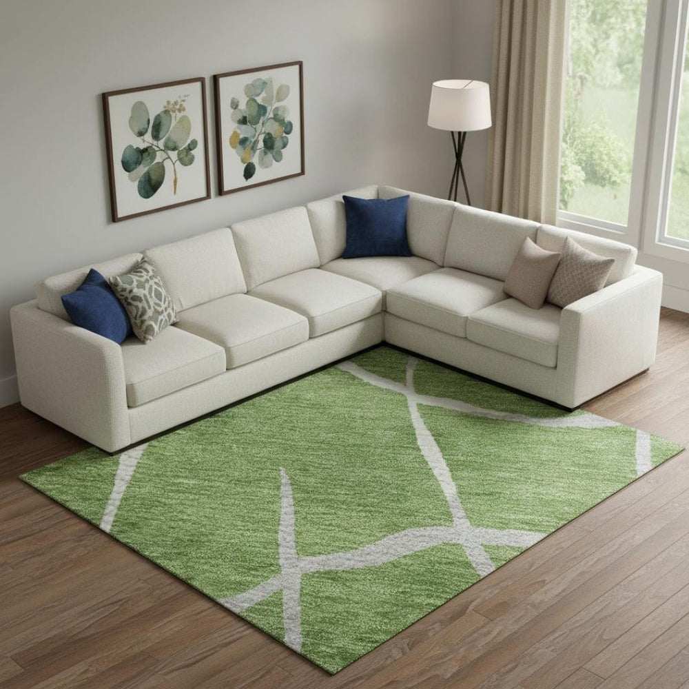 HomeRoots 9' X 12' Washable Area Rug - Modern Green, Ivory & Gray Geometric Design with UV Protection & Durability 682270