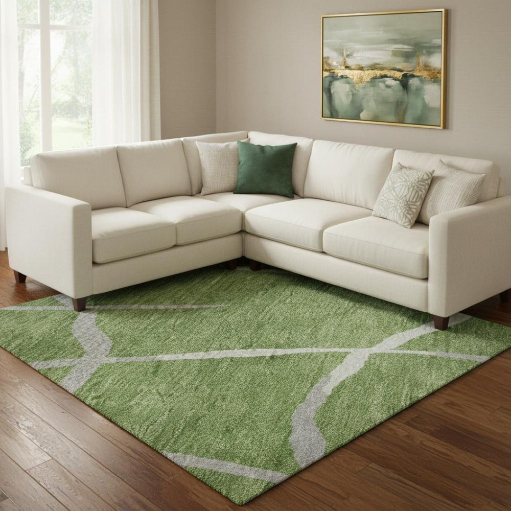 HomeRoots 10' X 14' Green Ivory Gray Abstract Geometric Washable Area Rug - UV Protected & Stain-Resistant 682271