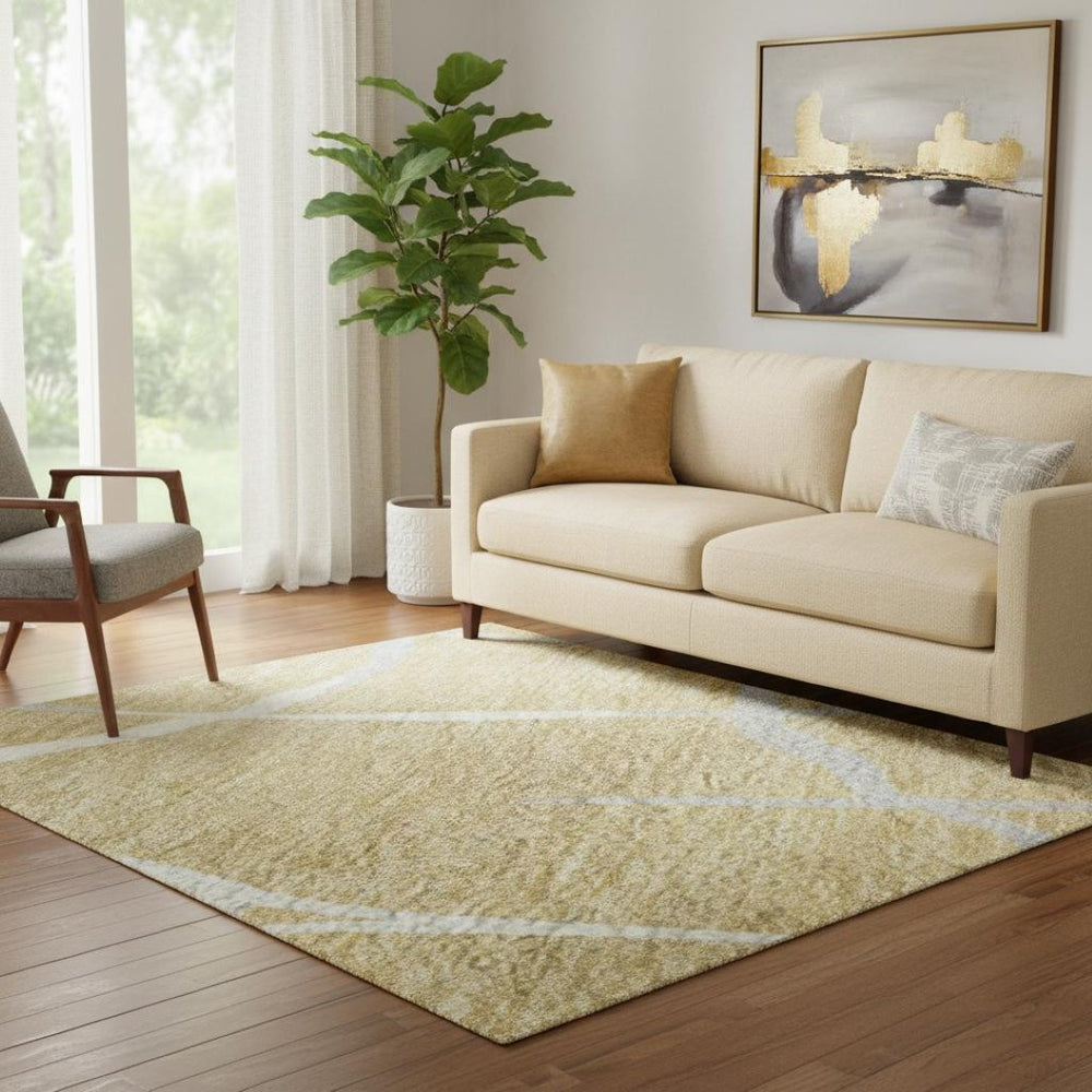 HomeRoots 5' X 8' Gold Ivory & Gray Abstract Geometric Area Rug - Washable, UV Protected, Easy Care Design 682273