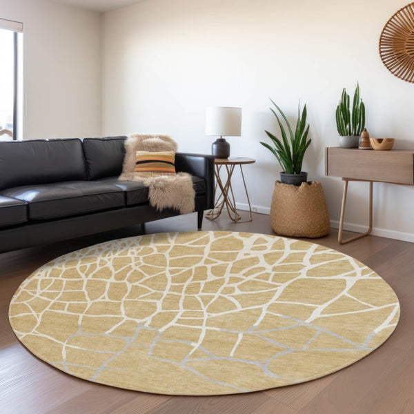 HomeRoots 8' Gold Ivory and Gray Abstract Geometric Round Rug - Washable, UV Protected, Perfect for High-Traffic Areas 682274